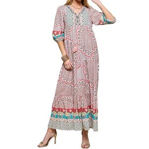 Cezele Women’s Multi Print Three Quarter‎ Balloon Sleeve Maxi Dress  Sz S